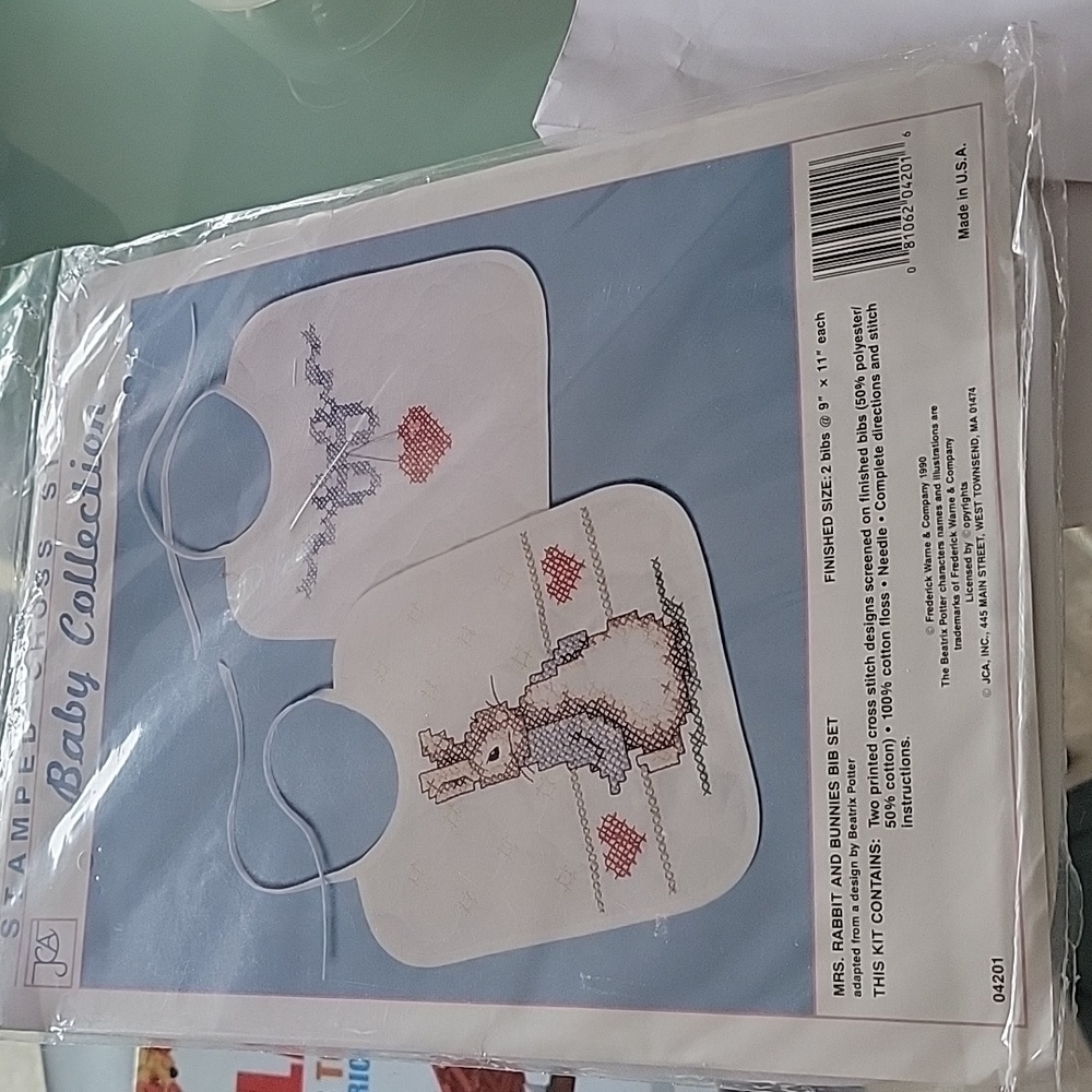 Crafts? Stamped Cross Stitch Kit Baby. Mr & Mrs Bunnies bib set. New